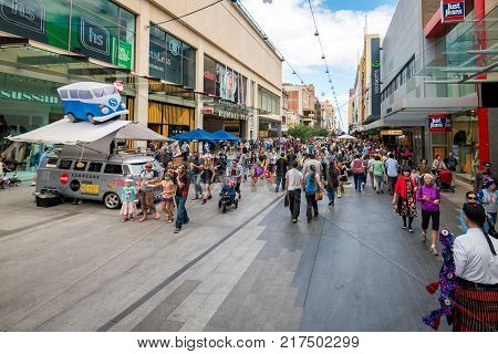 Adelaide Australia - November 14 2015: Crowds of people visiting Rundle Mall precinct to do shopping before Christmas on a day. Rundle Mall is a pedestrian street mall located in Adelaide South Australia