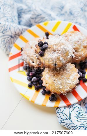 Blueberry muffins on plate and bright floral napkin, close-up