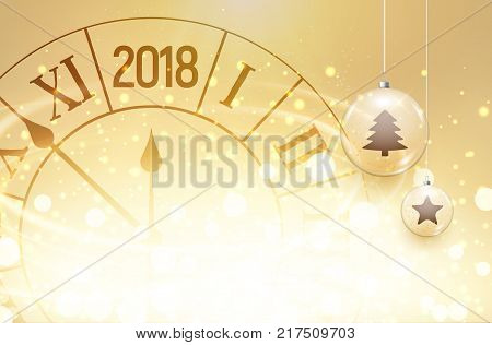 2018 new year shining background with clock and glass balls. Happy new year 2018 celebration decoration poster, festive card template.