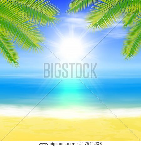 Beach and tropical sea with palmtree leaves. Summer background. EPS10 vector.