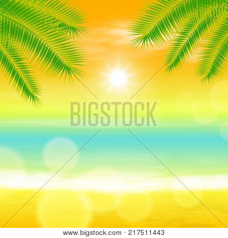 Sea sunset with palmtree leaves and light on lens. Orange summer background. EPS10 vector.