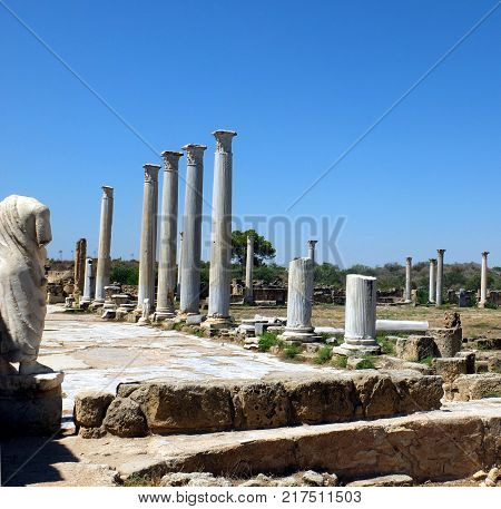 Ruins and ancient columns in the ancient city of Salamis in Famagusta.Northern Cyprus.