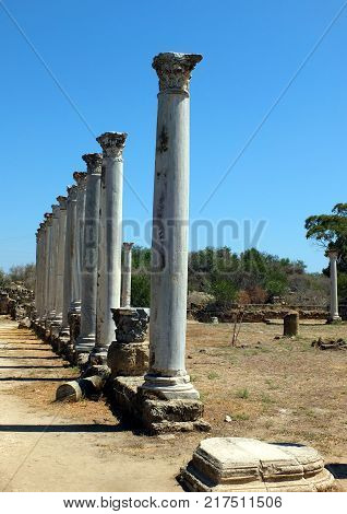 Ruins and ancient columns in the ancient city of Salamis in Famagusta.Northern Cyprus.