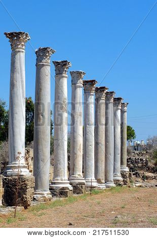 Ruins and ancient columns in the ancient city of Salamis in Famagusta.Northern Cyprus.