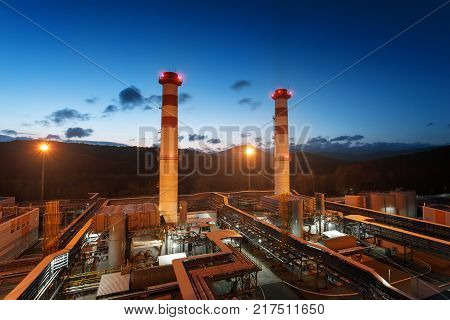 Power Plant,energy Power Station Area, Glow Light Of Industry On Sunset