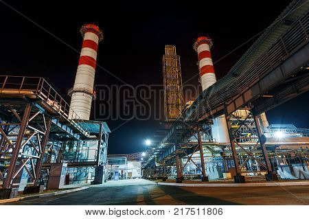 Power Plant,energy Power Station Area, Glow Light Of Industry On Sunset