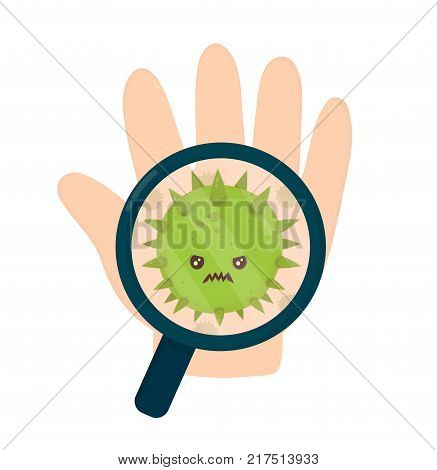 Cute angry evil bad fly germ virus infection,micro bacteria under a magnifying glass on child hand.Vector modern flat style cartoon character illustration.Isolated on white background.hygiene concept