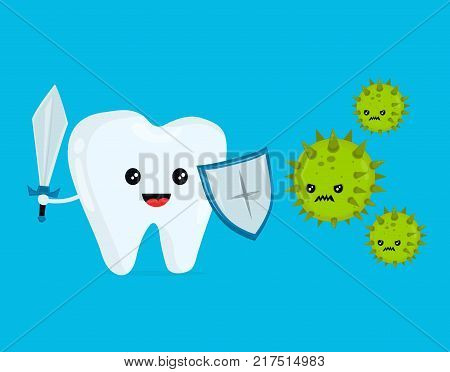 Cute happy funny smiling fighting tooth with caries. Disease battle. Tooth attacked by germs of cavities caries. Vector flat cartoon character illustration. Healthy teeth concept