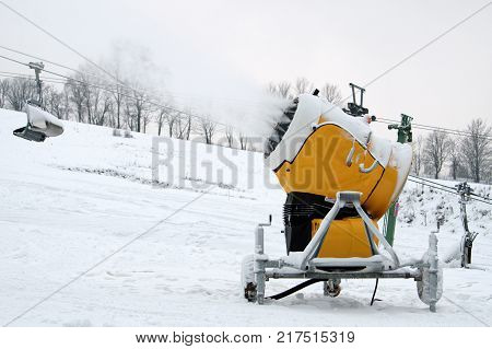 Snow Making Machine Close Up. Snow Cannon In Winter