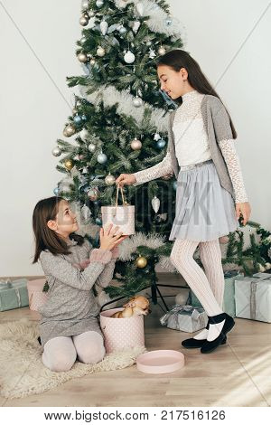 Two girls are sitting by the fir-trees and looking at the gifts. New Year holidays. The time to realize dreams. A gift in the box. New Year's Symbol