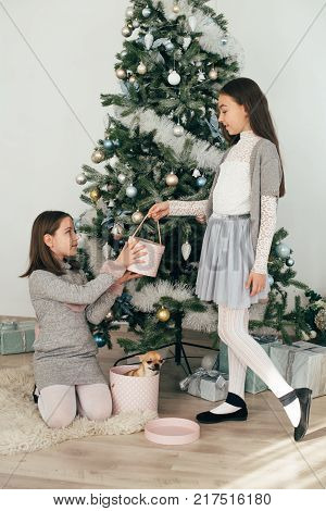 Two girls are sitting by the fir-trees and looking at the gifts. New Year holidays. The time to realize dreams. A gift in the box. New Year's Symbol