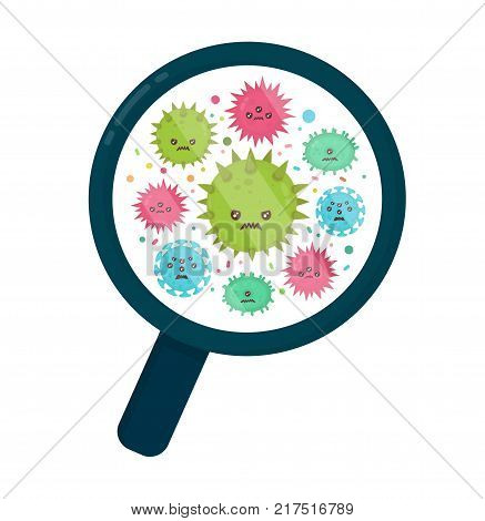 Cute angry evil bad fly germ virus infection,micro bacteria under a magnifying glass.Vector modern flat style cartoon character illustration.Isolated on white background.Microbe, Pathogen, Virus icon
