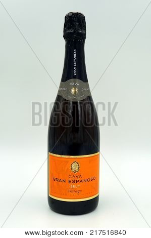 Amsterdam, The Netherlands -  December 9, 2017: Bottle of Cava Gran Espanoso Brut bottled in Catalunya, Spain.