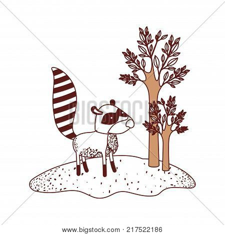 raccoon cartoon in forest next to the trees in color sections silhouette vector illustration