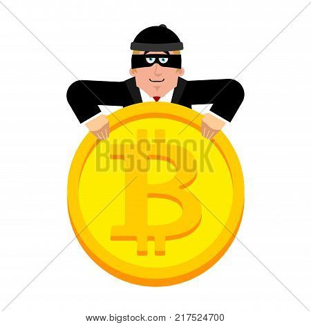 Hacker and bitcoin. Thief and crypto currency. Steal virtual money. Vector illustration
