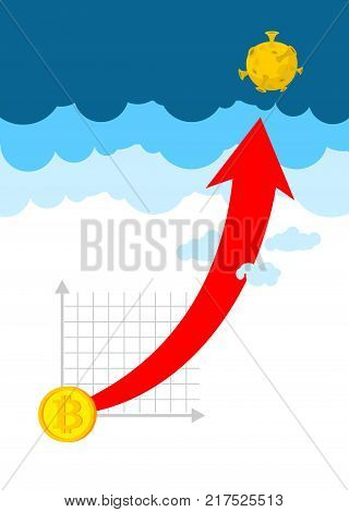 Bitcoin price increase. Dynamics of course is crypto currency. Rise of price of virtual money. Up arrow to sky. Cost Flies to moon. Exchange vector illustration