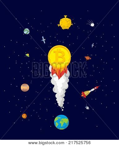 Bitcoin price increase. Dynamics of course is crypto currency. Rise of price of virtual money. rocket to sky. Cost Flies to moon. Exchange vector illustration