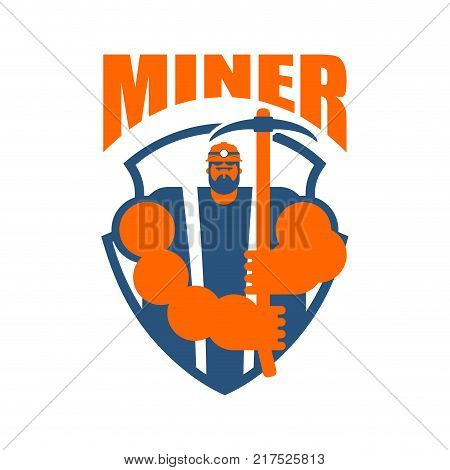 Miner logo. Mining Bitcoin Crypto Currencies. Worker with pickaxe. Vector illustration