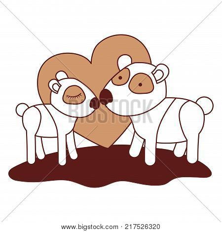 pandas couple over grass in color sections silhouette with heart in background vector illustration