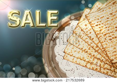 spring jewish holiday of Passover and its attributes, unleavened bread - matzo, with an inscription - sale