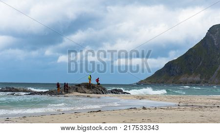 Beach on Lofoten in Unstad, Norway. Best place for Arctic surfing