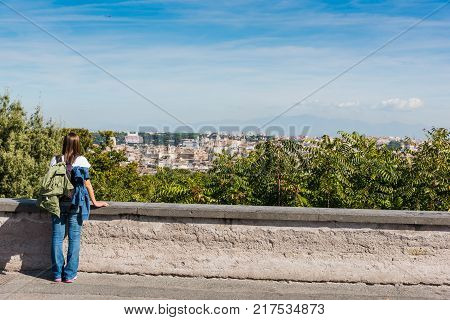 Girl in Promenade of the Janiculum in Rome Italy