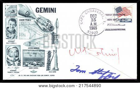 USA - CIRCA December 15th 1965: Nasa, US postal service first day cover with hand written signature  of Wally Schirra, Tom Stafford, commemorating: Gemini 6 spaceship  Project. 