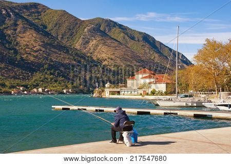Sunny autumn day in Mediterranean village of Dobrota. Bay of Kotor, Montenegro