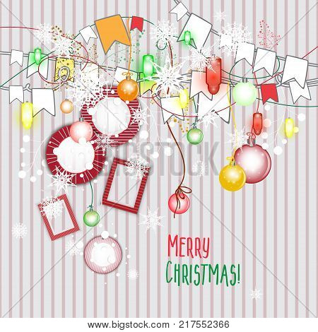 Christmas decorations. Vector set of decorative elements. New Year background. Frames, decrations, flags and snowflakes.