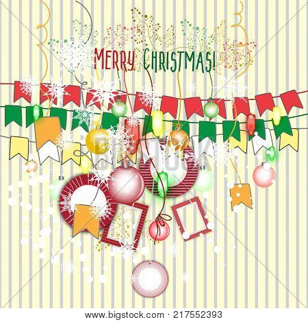 Christmas decorations. Vector set of decorative elements. New Year background. Frames, decrations, flags and snowflakes.