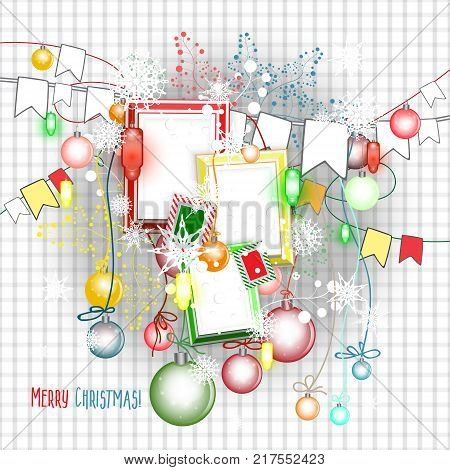 Christmas decorations. Vector set of decorative elements. New Year background. Frames, decrations, flags and snowflakes.