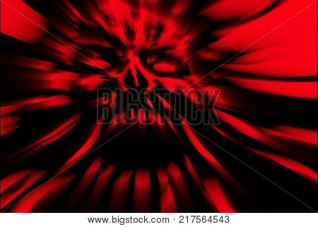 Terrible zombie dead head. Illustration in genre of horror. Danger character face. Blur effect. Wall in red color.