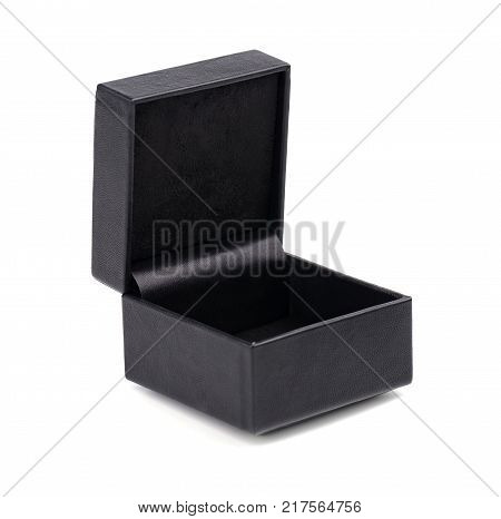 Black jewelry box isolated on white background. Black leather box. Open black gift box isolated on white background