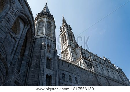 The impressive Basilica of Our Lady of Lourdes in Lourdes, France.