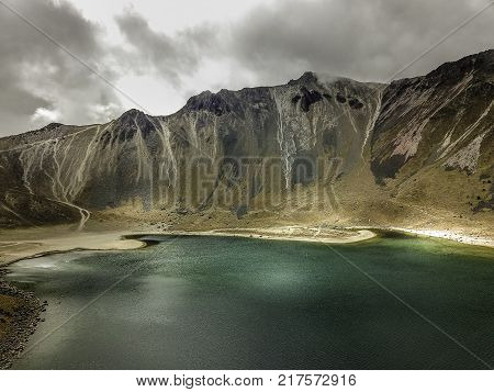 Panoramic view of Volcano Nevada de Toluca with lakes inside crater in Mexico