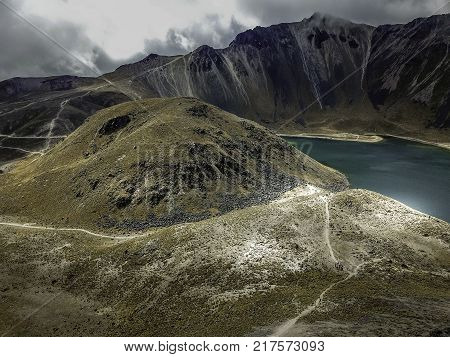 Panoramic view of Volcano Nevada de Toluca with lakes inside crater in Mexico