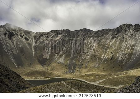 Panoramic view of Volcano Nevada de Toluca with lakes inside crater in Mexico