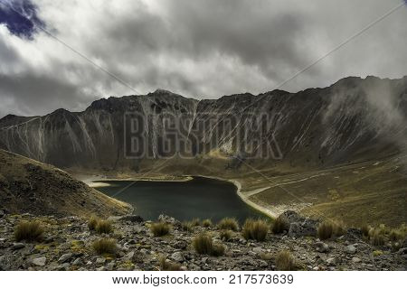 Panoramic view of Volcano Nevada de Toluca with lakes inside crater in Mexico