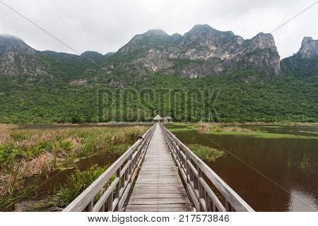Wooden bridge for travel and see nature ecology at Khao Sam Roi Yot National Park Prachuap Khiri Khan Thailand