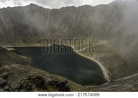 Panoramic view of Volcano Nevada de Toluca with lakes inside crater in Mexico
