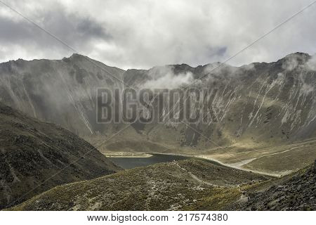 Panoramic view of Volcano Nevada de Toluca with lakes inside crater in Mexico