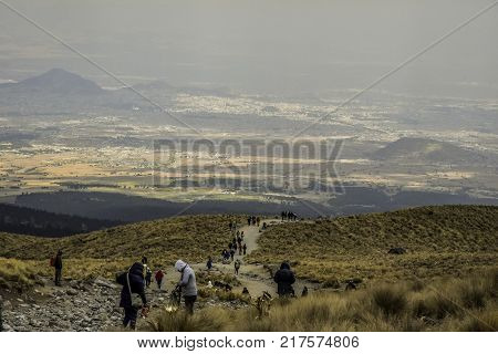 Panoramic view of Volcano Nevada de Toluca with lakes inside crater in Mexico