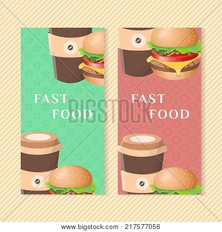 Fast food banners with burger and coffee. Graphic design elements for menu packaging, apps, advertising, poster, brochure and background. Vector illustration for bistro, snackbar, cafe or restaurant