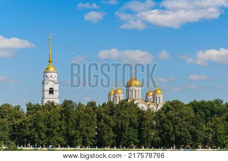 view of the Uspensky Cathedral and the boardwalk in Vladimir. summer landscape. the Golden ring of Russia