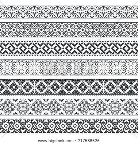 Vector set of monochrome dividers.Borders for the text invitation cards various printing editions. Seamless horizontal patterns. Ethnic elements of design.
