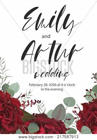 Wedding invite invitation save the date card with vector floral bouquet frame design: red burgundy Rose flowerEucalyptus branch amaranthus & silver green fern leaves Watercolor designer element. Greeting postcard