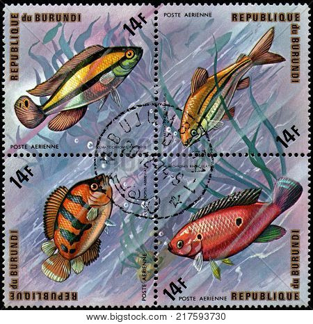 REPUBLIC OF BURUNDI - CIRCA 1974: a stamps, printed in Burundi, shows a fishes: Pelmatochromis kribensis, Nannaethiops tritaeniatus, Hemichromis bimaculatus, Polycentropsis abbreviata