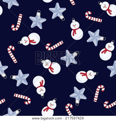 Seamless pattern with Christmas tuys - stars and snowmans. Design of wallpaper, fabric, card, packaging and decorative textile. Concept for Happy Thanksgiving, Merry Christmas, New year