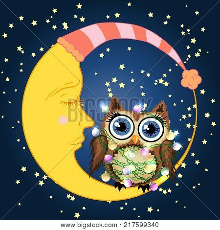 Cute cartoon brown owl tangled in garlands of light bulbs, mimicking the stars and the glow of the crescent moon sits on the slumbering against the night sky with stars