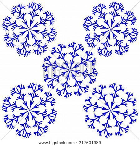Snowflake sign set. Winter design. Image of snow season. Blue ice icons isolated on white background. Cold ornament symbol. Logo for christmas or frozen celebration. Stock vector illustration